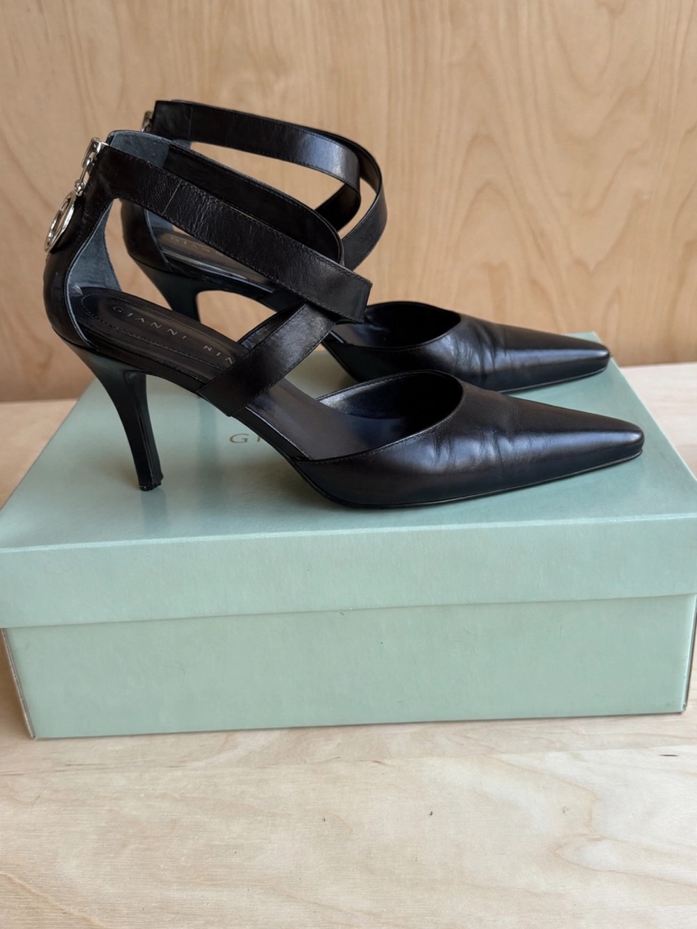 Black Leather Strappy Pointed-Toe Heels